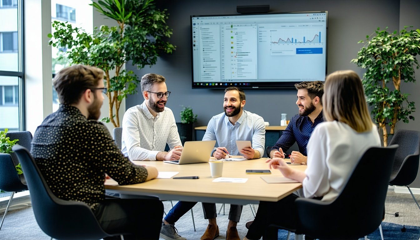 Consultant collaborating with a team at a software house